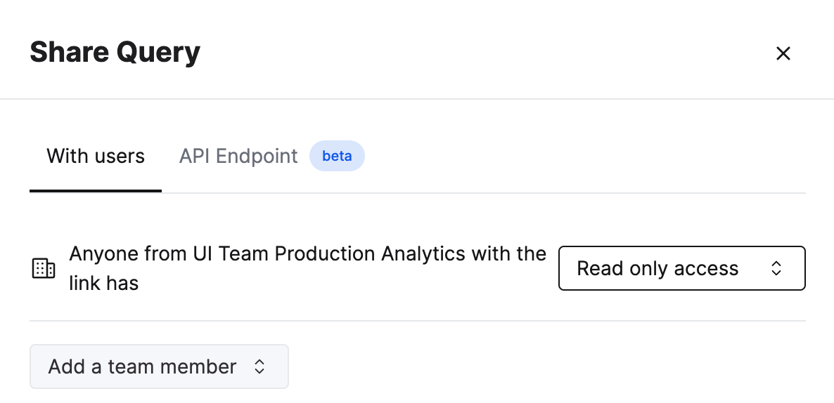 Редактор запр�осов ClickHouse Cloud с показом функции совместного доступа и вариантов прав