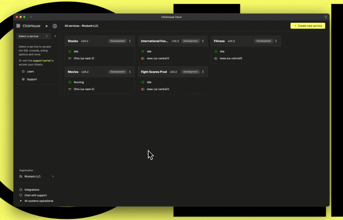 Анимация, показывающая новый интерфейс кон�соли ClickHouse Cloud с интегрированным SQL-редактором и функциями управления